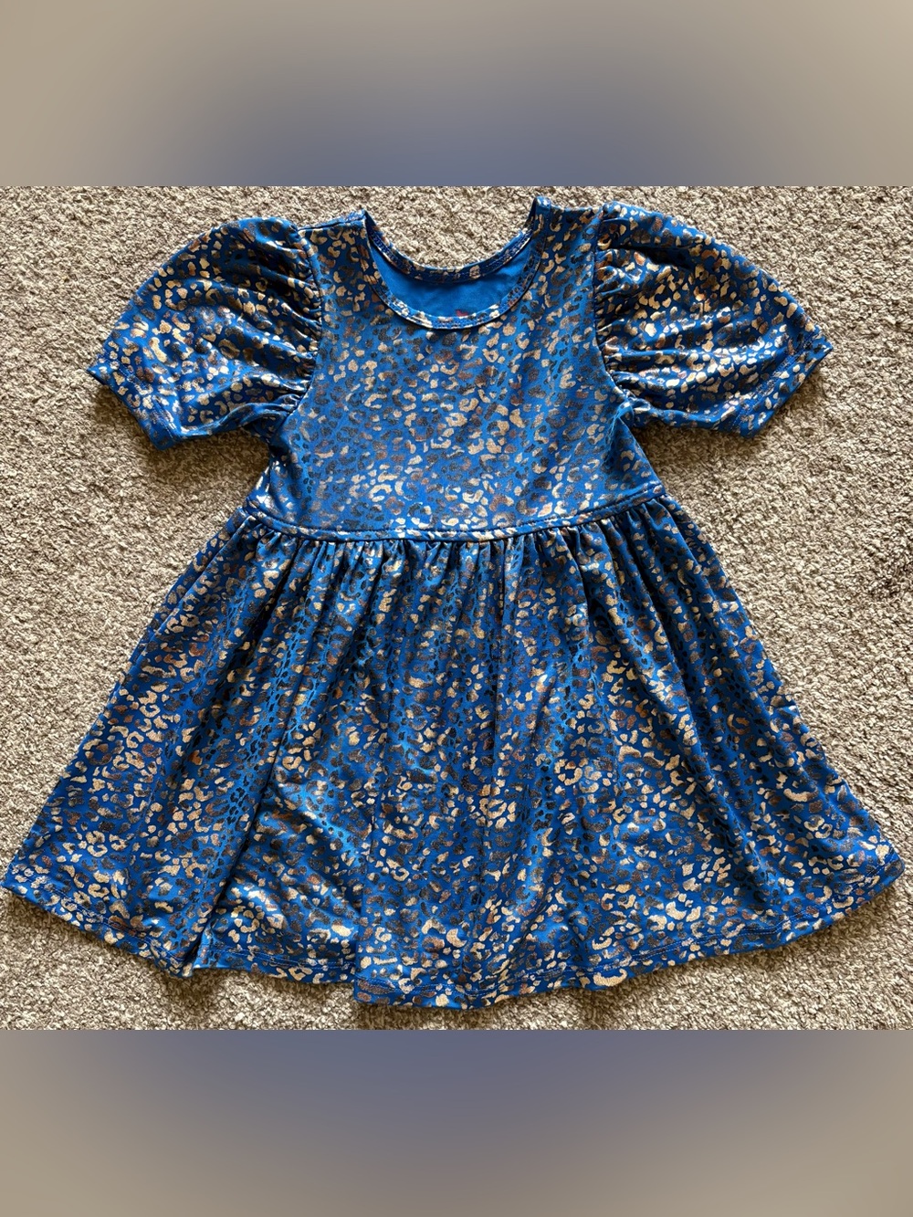 Pink Chicken Blue Metallic Leopard Puff Sleeve Dress